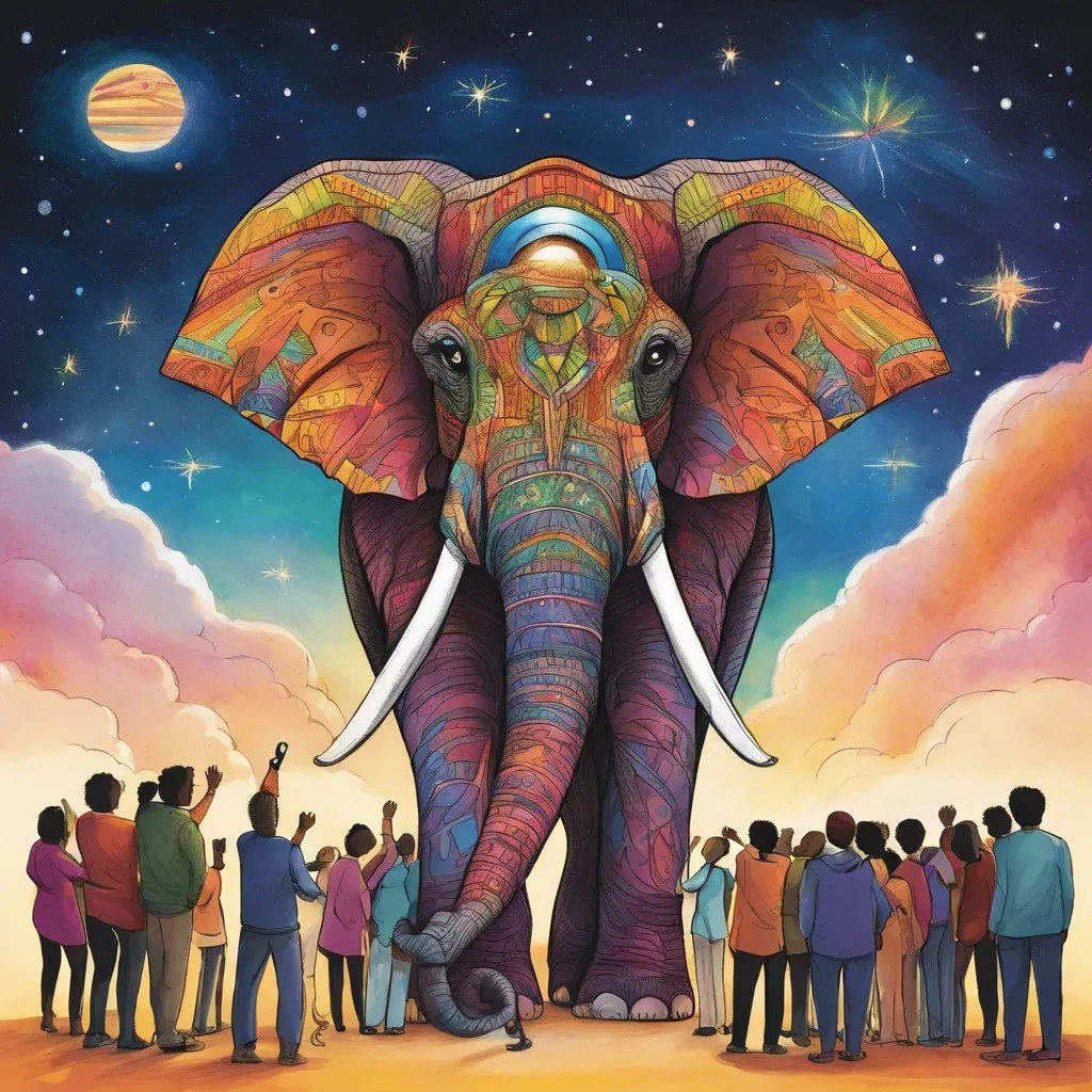 A vividly coloured, stained-glass style elephant beneath a starry night sky — the original Wundr'ing Space artwork.
